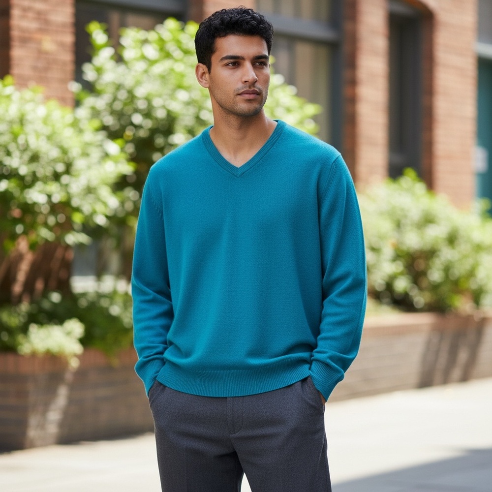 100% lambswool hawick knitwear Men's Teal V-Neck Sweater XL
